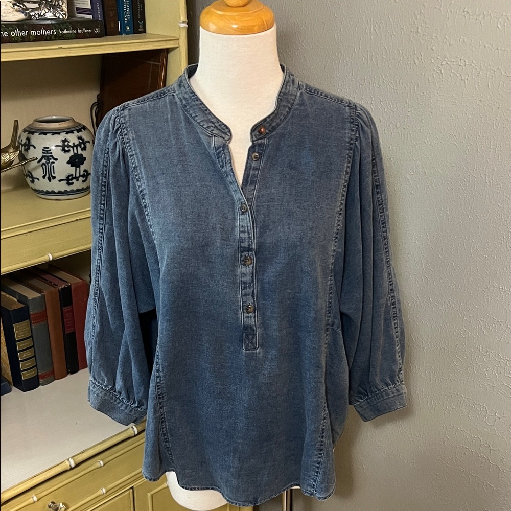 Pilcro Washed Indigo Denim Henley Blouse